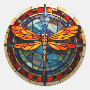 dragonfly stained glass classic round sticker