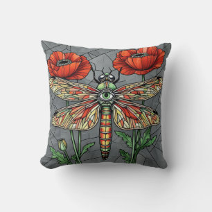 Dragonfly Stained Glass Poppies Mosaic Steampunk Cushion