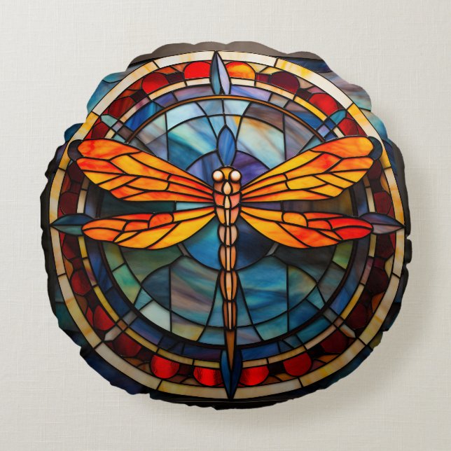 dragonfly stained glass round cushion (Front)