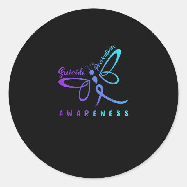 Dragonfly Suicide Prevention Aware Teal Ribbon Classic Round Sticker (Front)