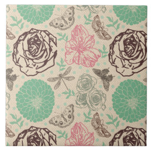 Dragonfly Vintage Rose Illustration Tile