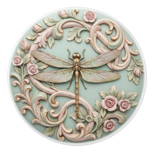 Dragonfly Vintage Victorian Pink Roses Floral Ceramic Knob