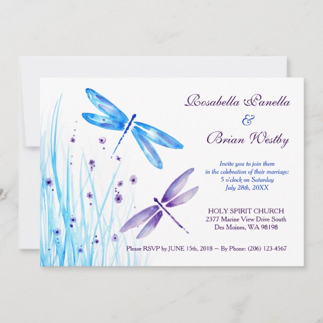 Dragonfly Wedding Invitations - Blue Watercolor (Front)