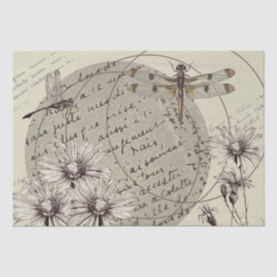 Dragonfly Wildflower Circle French Words Decoupage Tissue Paper