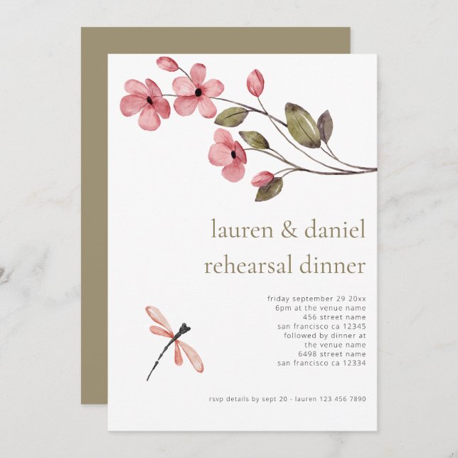 Dragonfly Wildflower Wedding Rehearsal Dinner  Invitation (Front/Back)