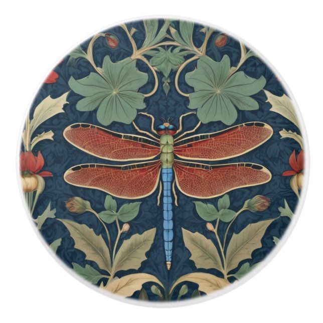 Dragonfly William Morris style Blue & Red Floral Ceramic Knob (Front)