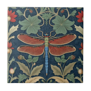 Dragonfly William Morris style Blue & Red Floral Tile