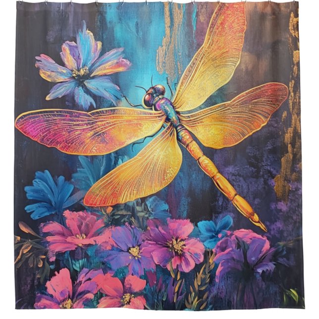 Dragonfly Wings & Intricate Coloured Flowers Shower Curtain (Front)