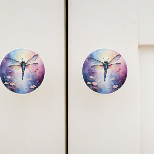 Dragonfly with Flowers Purple Watercolor Ceramic Knob