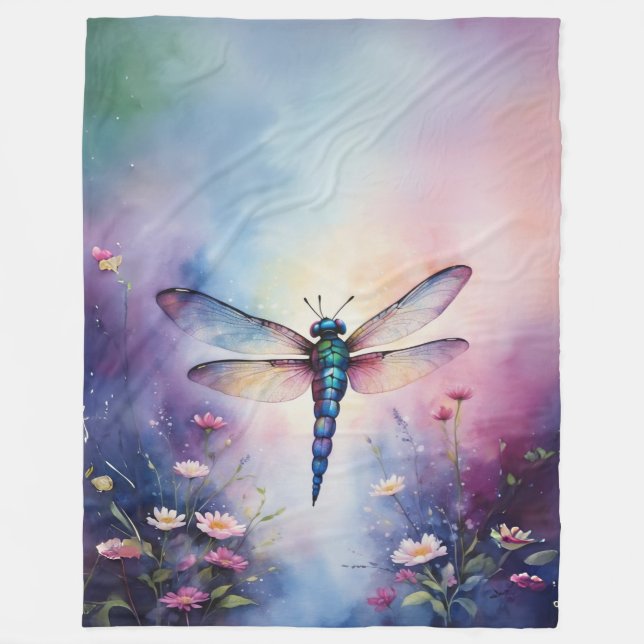 Dragonfly with Flowers Purple Watercolor Fleece Blanket (Front)