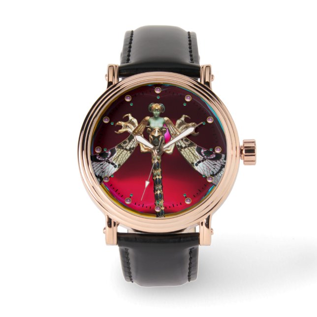 DRAGONFLY WOMAN WITH PINK GEMSTONES Red Burgundy Watch (Front)
