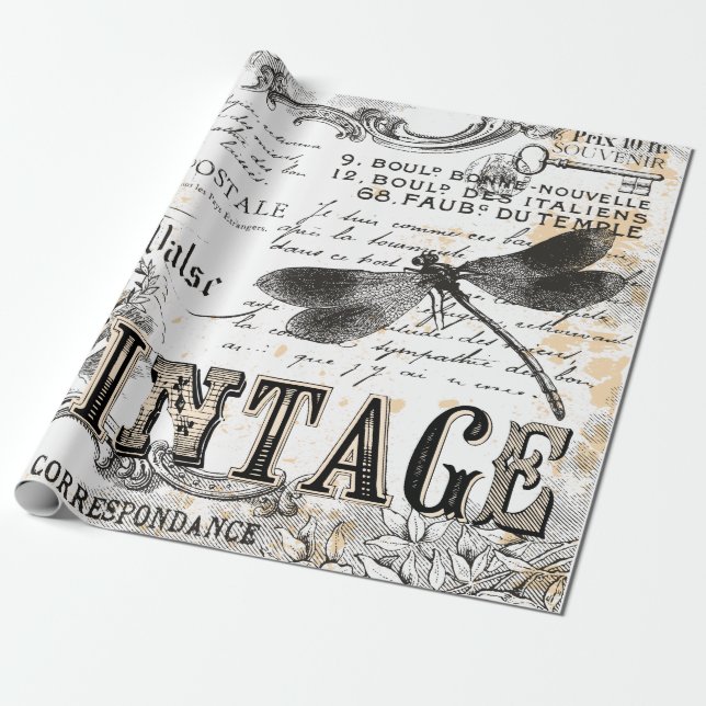 Dragonfly Wrapping Paper - French Vintage (Unrolled)