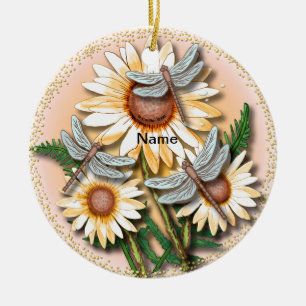 Dragonfly Yellow Daisy  Ceramic Tree Decoration