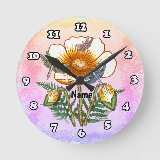 Dragonfly Yellow Poppy Round Clock (Front)