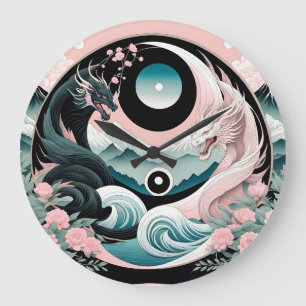 Dragons Floral Mountain Pink Sage Teal Large Clock