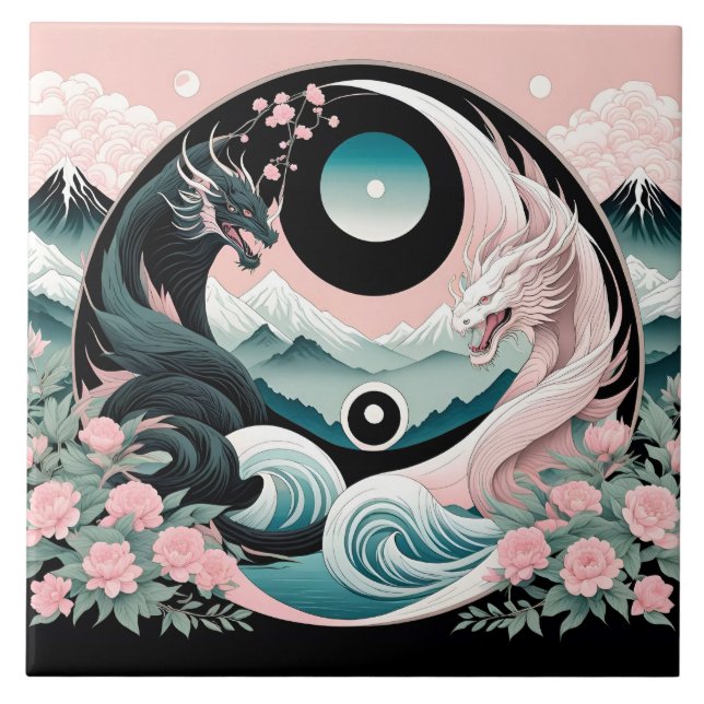 Dragons Floral Mountain Pink Sage Teal Tile (Front)