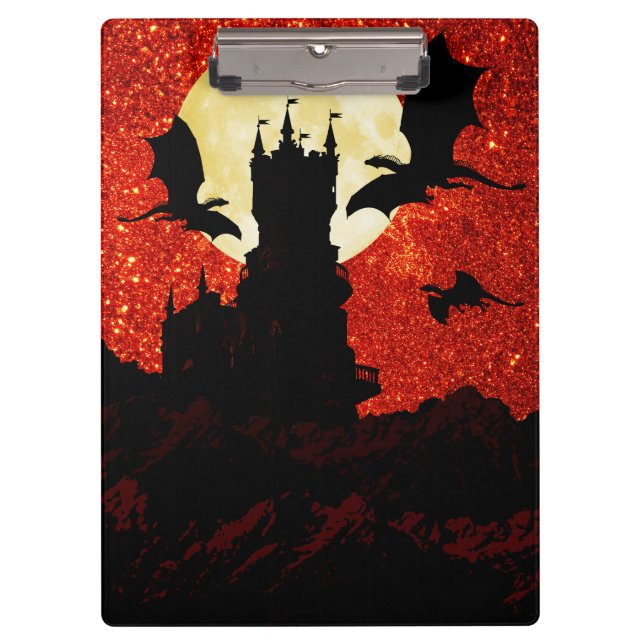 Dragons flying, cliff castle, full moon,  sunrise clipboard (Front)