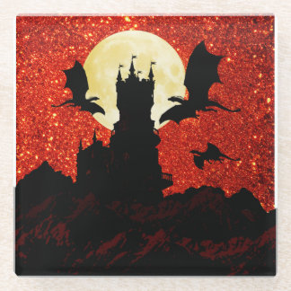 Dragons flying, cliff castle, full moon, sunrise glass coaster
