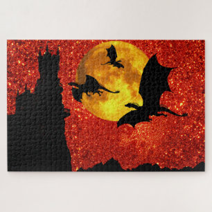 Dragons flying, cliff castle, full moon,  sunrise jigsaw puzzle