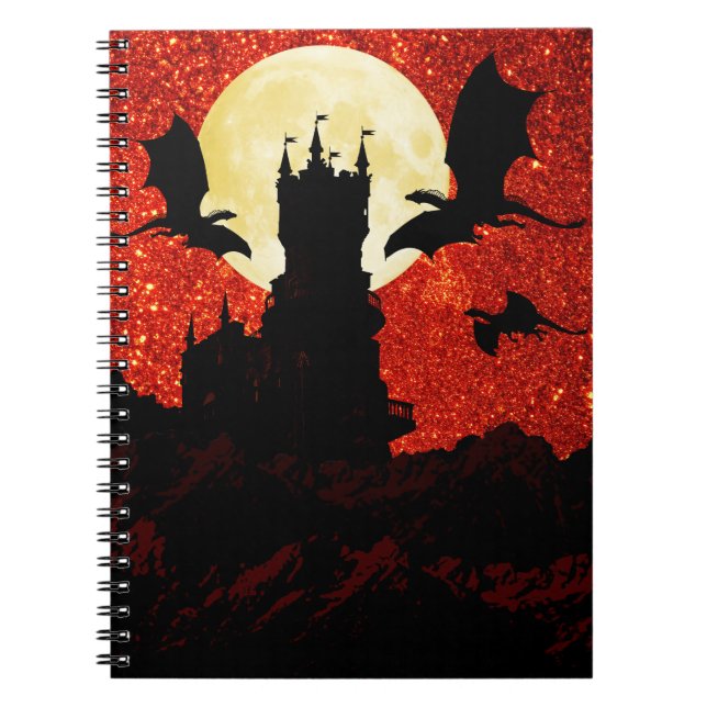 Dragons flying, cliff castle, full moon,  sunrise notebook (Front)