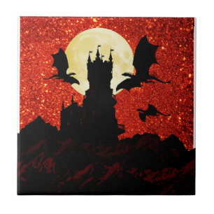 Dragons flying, cliff castle, full moon,  sunrise tile