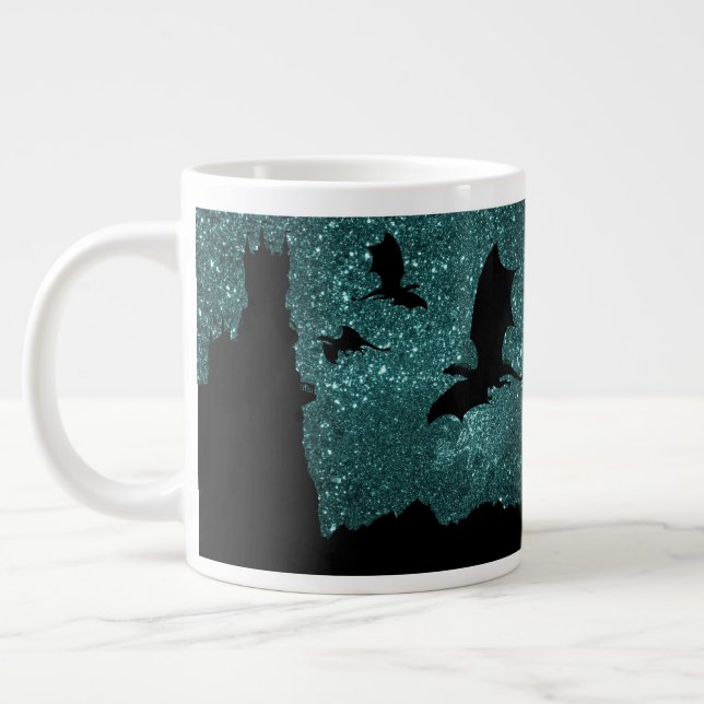 Dragons flying, Dawn/Dusk stary sky cliff castle Large Coffee Mug (Left)