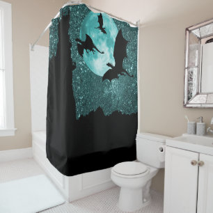 Dragons flying, dawn mountain cliff castle/moon shower curtain