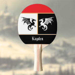 Dragons in Black White Gold Color Trim n Monogram Ping Pong Paddle