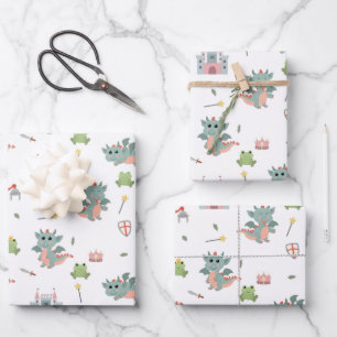 Dragons Knights Fairytale Medieval Castle Wrapping Paper Sheet