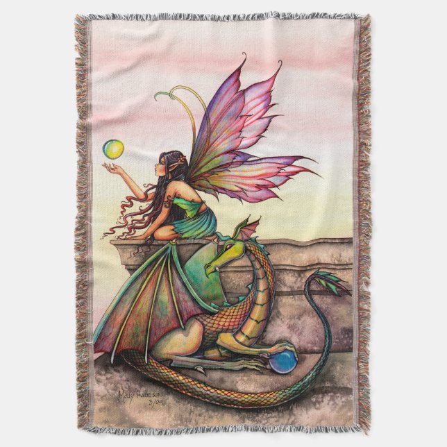 Dragon's Orbs Fairy and Dragon Art Throw Blanket (Front Vertical)