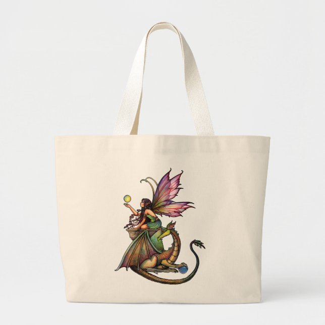 Dragon's Orbs Fairy and Dragon by Molly Harrison Large Tote Bag (Front)