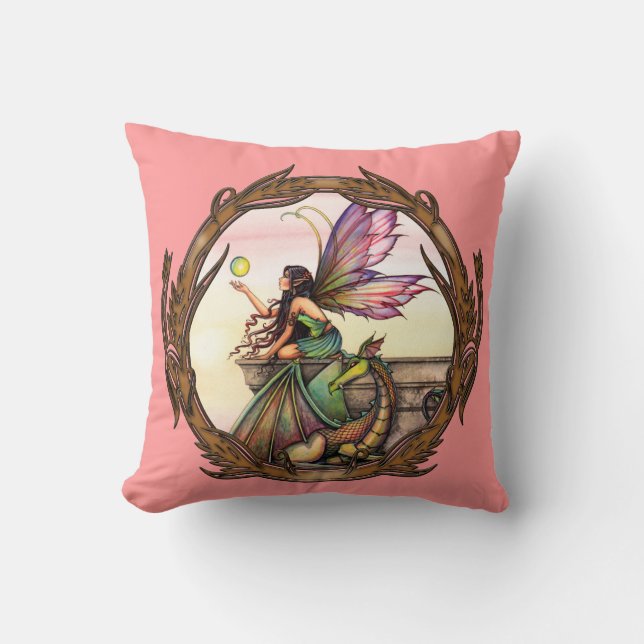 Dragon's Orbs Fairy and Dragon Throw Pillow (Front)
