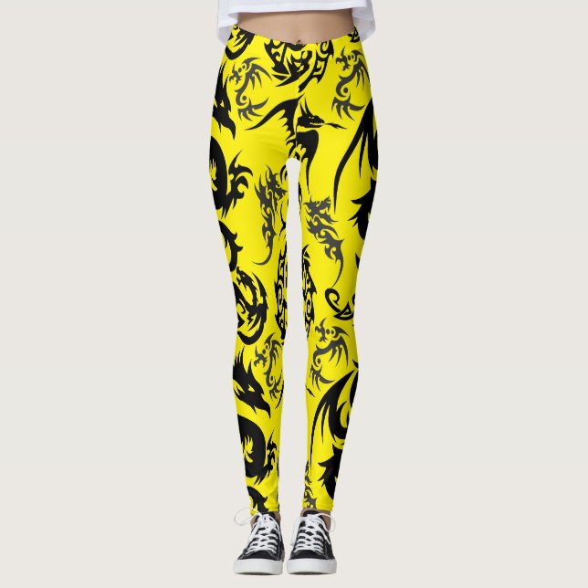 Dragons outline pattern 05.b.DOLP01. Yellow BG Leggings (Front)