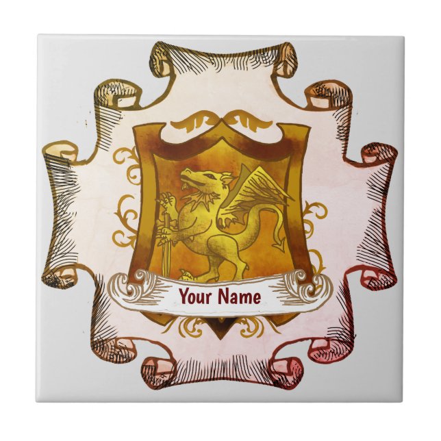 Dragons Shield  Family Crest Surname  tile (Front)