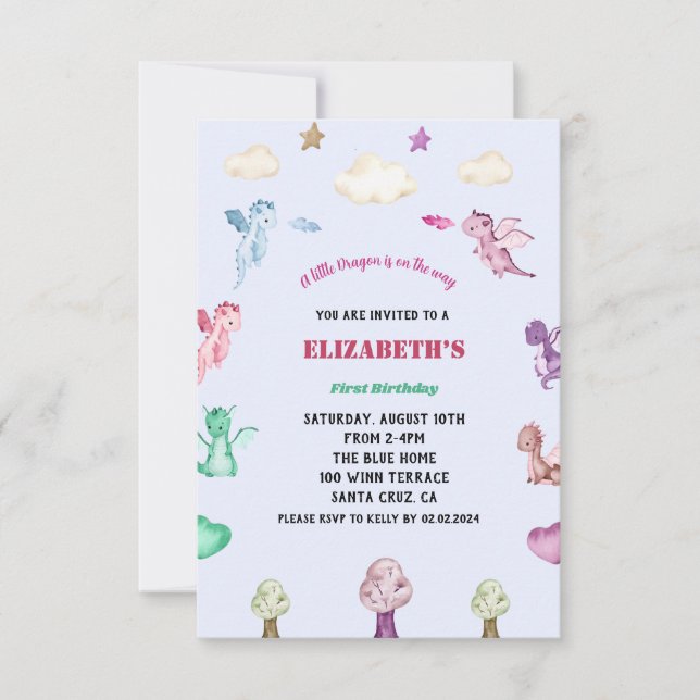 Dragons Watercolor girl Birthday  Invitation (Front)