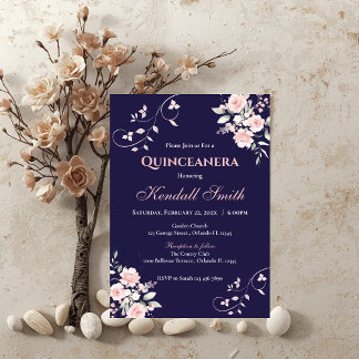 Drak Blue and Pink Floral Quinceanera Invitation