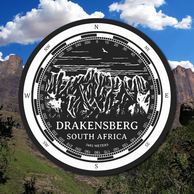 Drakensberg Mountains - South Africa  Round Paper Coaster (Drakensberg Mountains Coaster in Back with a white compass and mountain illustration)