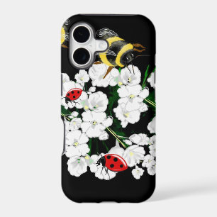Dramatic Bees ladybugs and white flowers on black
