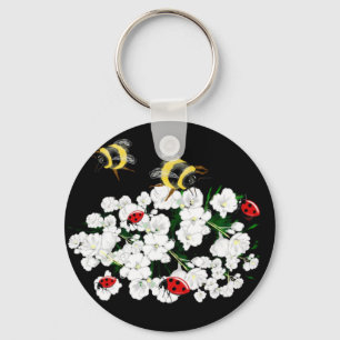Dramatic Bees ladybugs and white flowers on black Key Ring
