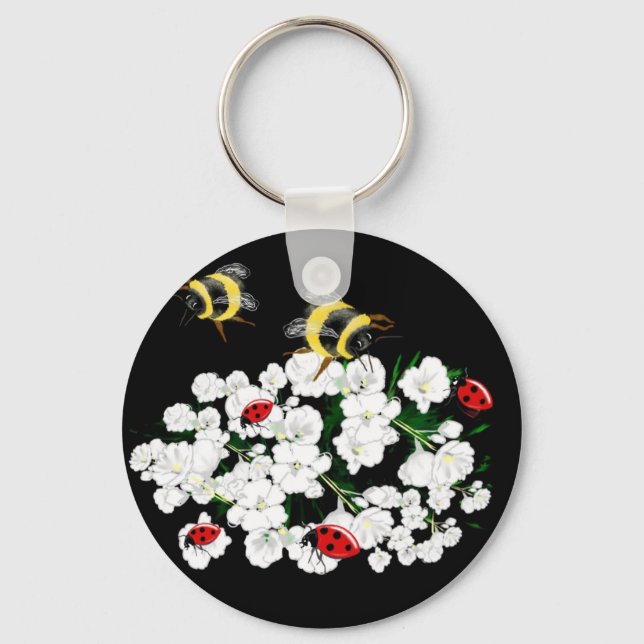 Dramatic Bees ladybugs and white flowers on black Key Ring (Front)