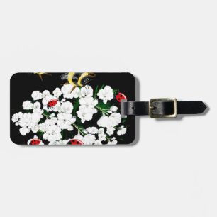 Dramatic Bees ladybugs and white flowers on black Luggage Tag