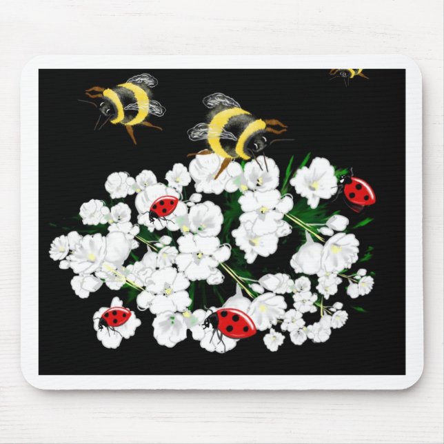 Dramatic Bees ladybugs and white flowers on black Mouse Pad (Front)