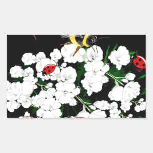 Dramatic Bees ladybugs and white flowers on black Rectangular Sticker
