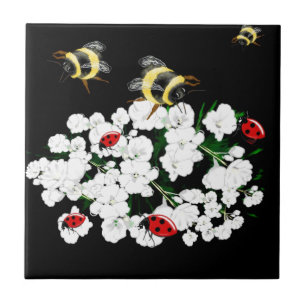 Dramatic Bees ladybugs and white flowers on black Tile