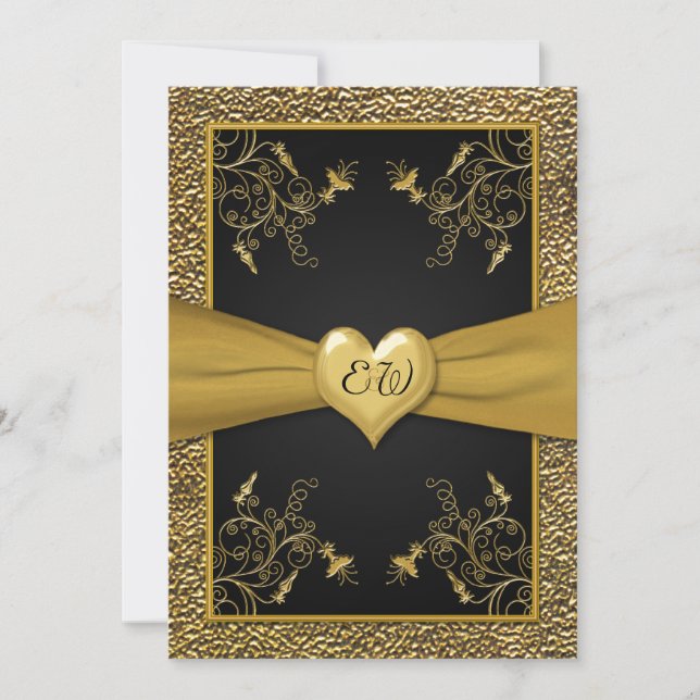Dramatic Black and Gold Heart Wedding Invitation (Front)