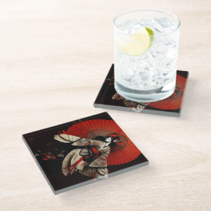 Dramatic Black and Red Kabuki Theatre Glass Coaster