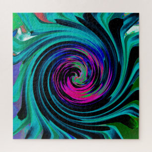 Dramatic Black and Turquoise Abstract Retro Twirl Jigsaw Puzzle