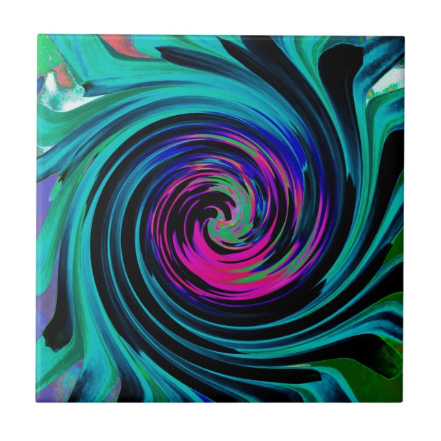 Dramatic Black and Turquoise Abstract Retro Twirl Tile (Front)