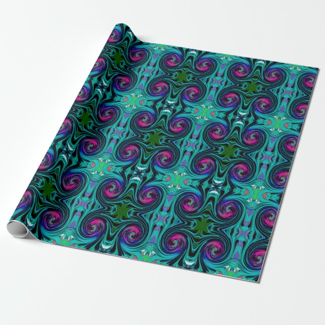 Dramatic Black and Turquoise Abstract Retro Twirl Wrapping Paper (Unrolled)