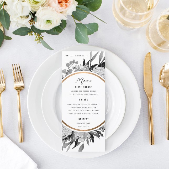 Dramatic Black and White Watercolor Floral Wedding Menu (Creator Uploaded)